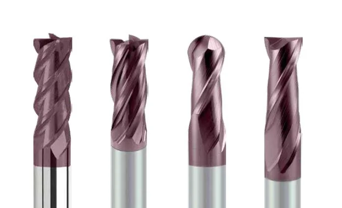 KARASAWA solid carbide end mills for alloy and carbon steel with ECO coating: four-flute, three-flute, ball nose and two-flute
