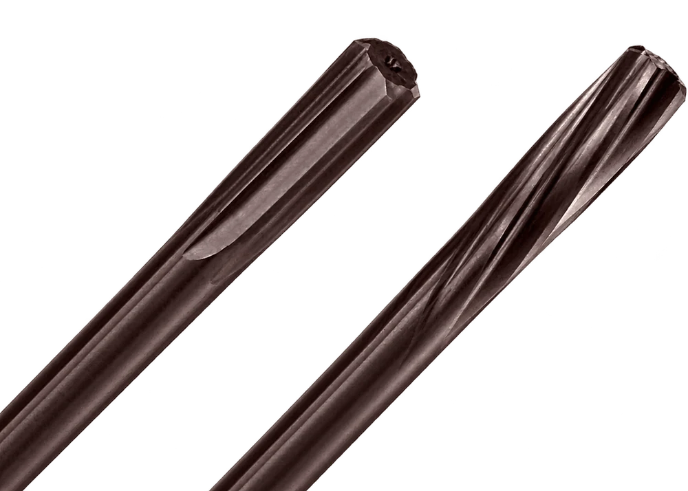 A close-up of KARASAWA carbide reamers: straight flute on the left, helical on the right, with a wear-resistant coating