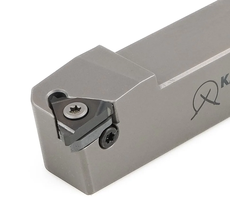 KARASAWA KE series external threading toolholder — triangular insert on a replaceable shim, two Torx screws