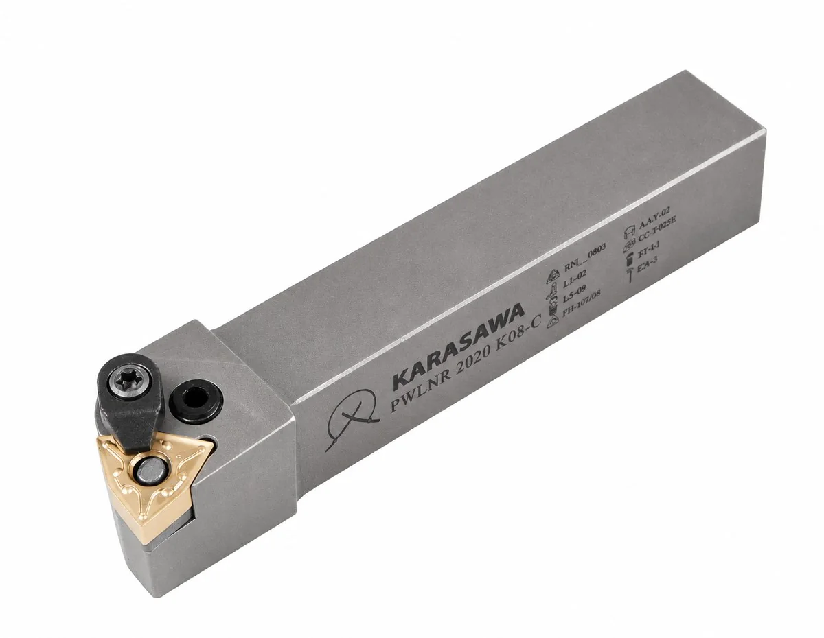 KARASAWA external turning toolholder PWLNR 2020 K08-C with a WNMG 0804 trigon insert and the insert, screw and key engraved on the body