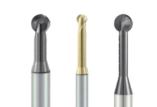 KARASAWA lollipop ball nose end mills on a slim neck with 220°, 260° and 300° wrap angle for undercuts and deburring