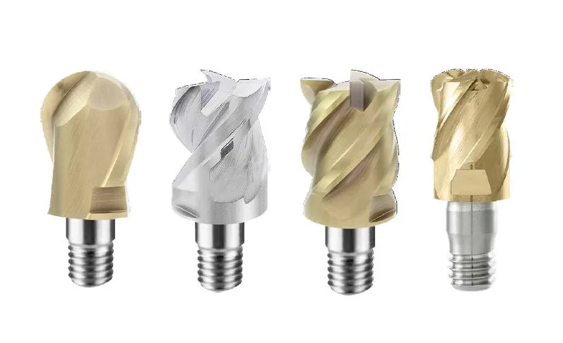 Exchangeable carbide heads for KARASAWA modular end mills on a threaded shank: ball nose, square, corner radius and chamfer
