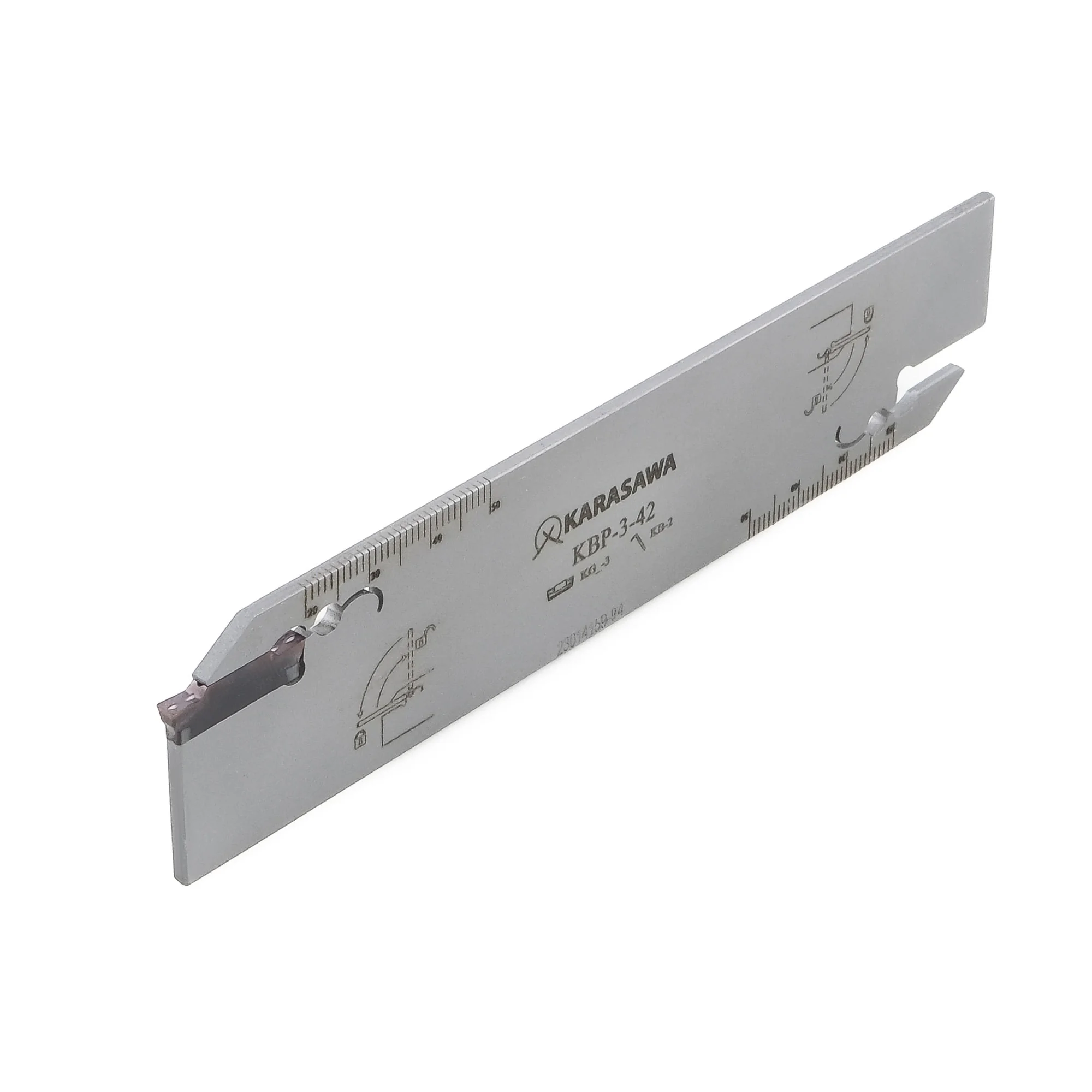 KARASAWA parting blade KBP-3-42 with a parting insert and a millimetre overhang scale