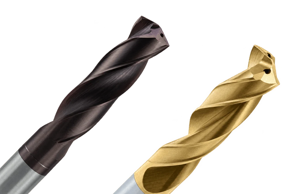 A close-up of KARASAWA solid carbide drills: helical flutes and cutting cones with MEGA and ECO-X coatings