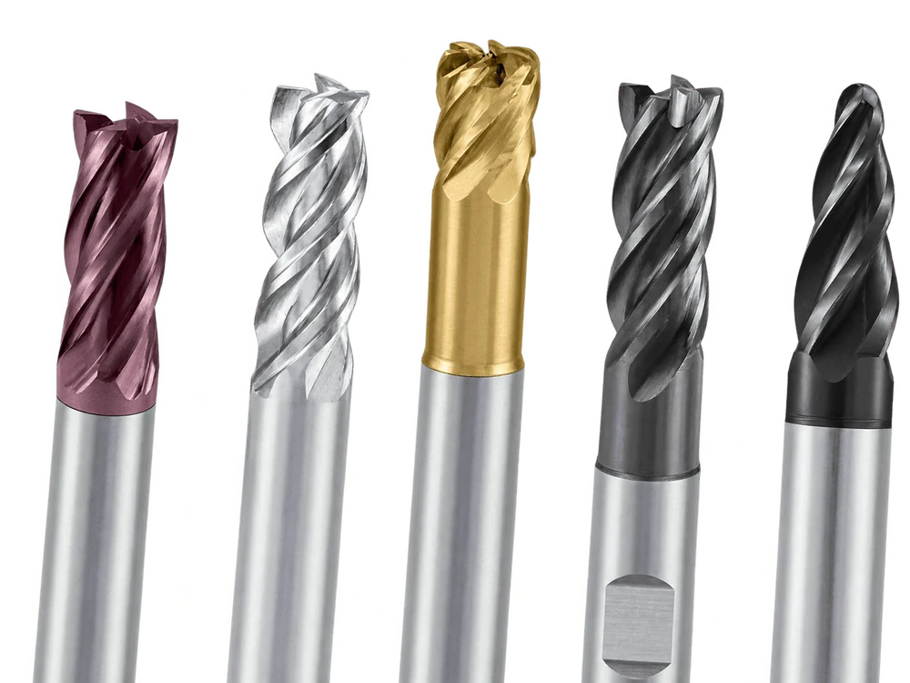 A close-up of KARASAWA solid carbide end mills: five cutting portions with different coatings — from violet ECO to golden MEGA and dark STRONG