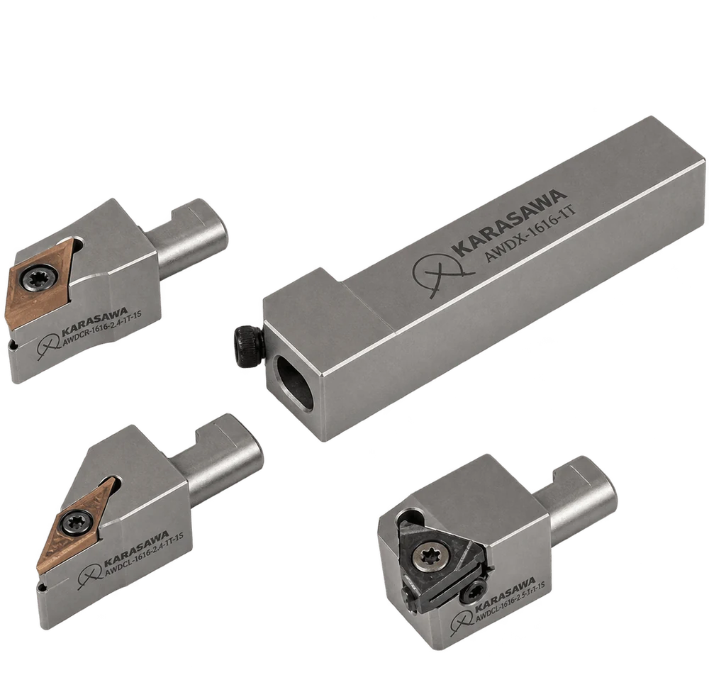 The KARASAWA quick-change system for Swiss-type lathes: a base with a 16×16 mm square shank and three exchangeable heads with carbide inserts