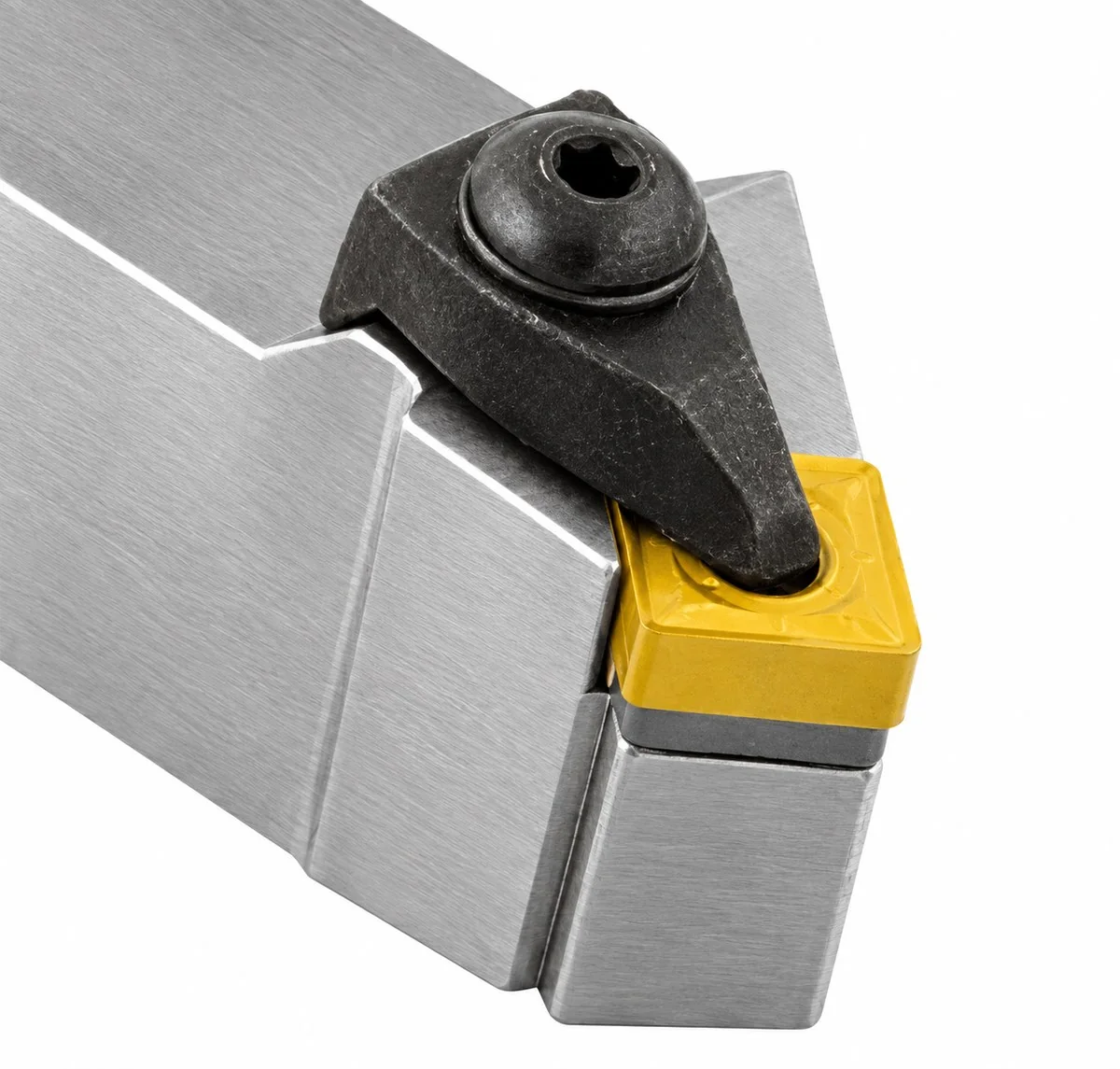 KARASAWA turning toolholder with high-rigidity top clamping (T type) — a heavy clamp over a rhombic insert
